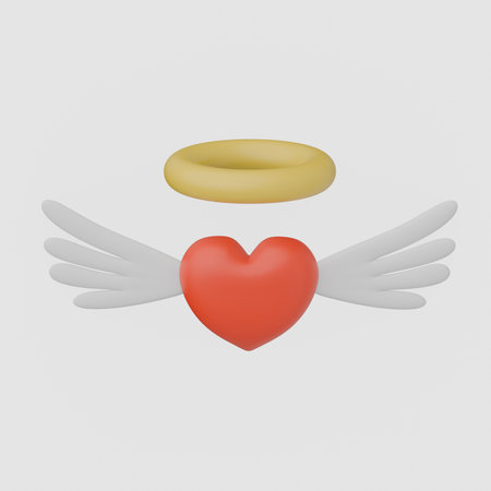 3D red heart shape with white wings and yellow angel ring. 3D render illustrationの写真素材