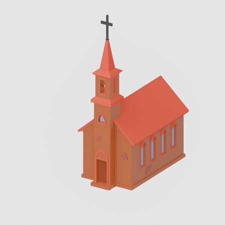 A three-dimensional simple church with a red roof in a cartoon style. 3D render illustration.の写真素材