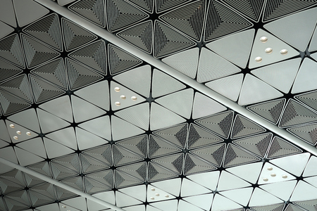 White ceiling with neon light bulbs in uprisen view.as background interior decoration concept with copy space for your text or design.の写真素材