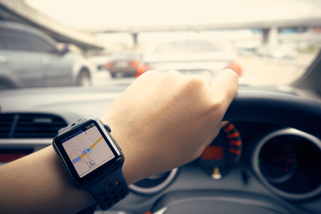 Smart Watch Navigation on the Road In the state of traffic jam in the city. Easy to travel. Tours...