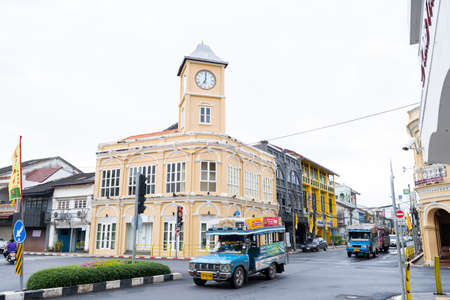 Phuket, Thailand - September 26, 2020 : Phuket old town with Building Sino Portuguese architecture at Phuket Old Town area Phuket, Thailand.のeditorial素材