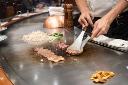 Kobe Beef Steak Japanese chef cooking Kobe Beef Steak at steakhouse Wagyu at street gourmetの写真素材