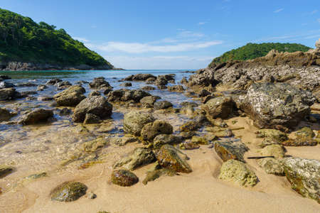 Tourists at Ya Nui beach at the south of Phuket Island, Thailand. Tropical paradise in Thailand. Phuket is a popular destination famous for touristsの写真素材