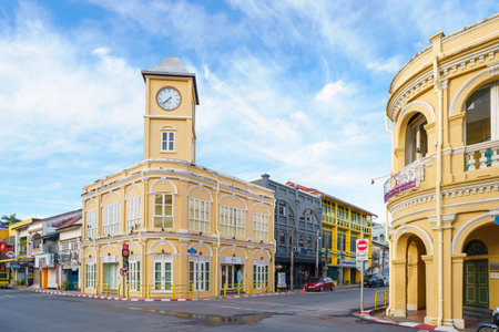 Phuket old town with Building Sino Portuguese architecture at Phuket Old Town area Phuket, Thailand.の写真素材
