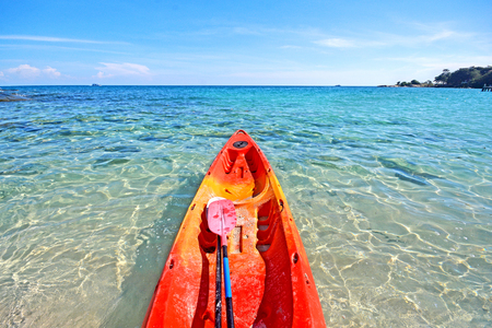 The canoe and the paddles turn heads to the sea.の写真素材