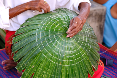 Close up woman's hand who weaving hat from green leaves,Thailand
の写真素材