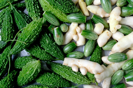 Gourd ,Thai Round Green and ginger for background.の写真素材