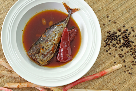 Boiled mackerel thai food in white dish on mat.の写真素材