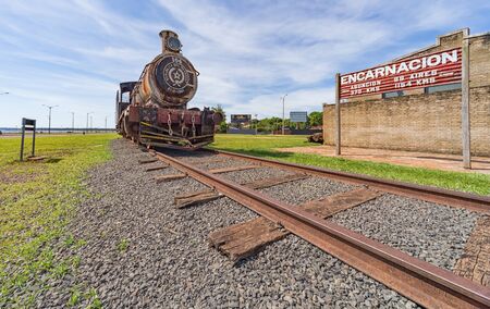 Encarnacion, Paraguay - November 14, 2018: Old rusted steam locomotive at Encarnacion. In Paraguay...