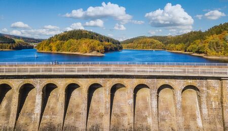 Aerial view of the agger dam (Aggertalsperre) in Gummersbachの写真素材