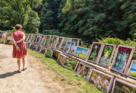 Engelskirchen, Germany - June 30, 2019: Pictures sale on a garden market in Engelskirchen - Germany