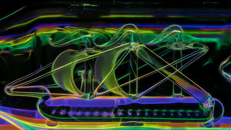 Abstract background is a neon illuminated glass ship.