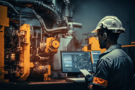 Engineer check and control welding robotics automatic arms machine in intelligent factory with monitoring system software, digital manufacturing operation, industry. Generative AIの素材