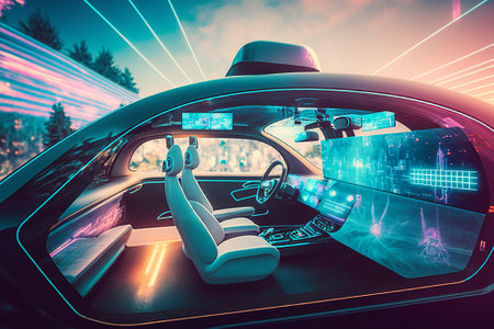Future car software technology. Self-Driving Car, Autonomous Vehicle, Driverless Car, Robo-Car. Generative AIの素材