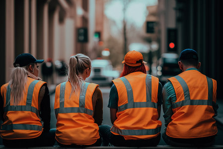 Four young people of the "Last Generation" or Extinction Rebellion are sitting on a busy street. Generative AIの素材