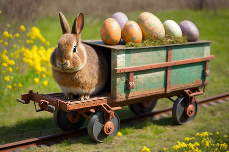 An Easter bunny sits on a wagon full of Easter eggs. Generative AIの素材