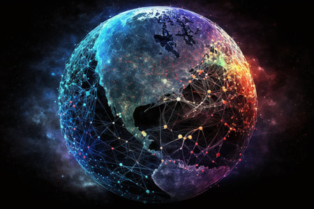 Global network connection concept, big data visualization, social network communication in the global computer networks, internet technology, business, science. Generative AIの素材