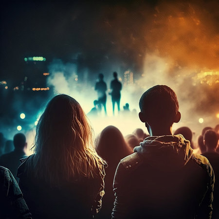 Young people from behind at a concert with a show stage in the background at night. Generative AIの素材