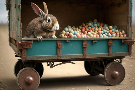 An Easter bunny sits in a wagon full of Easter eggs. Generative AIの素材