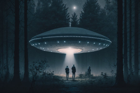 Three beings in front of a UFO in a clearing in the middle of the forest at night. Generative AIの素材