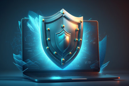 Cyber security, data protection, cyber attacks concept on blue background. Database security software development. Online security concept. Laptop protected with shield. Generative AIの素材