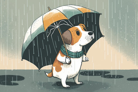 Illustration of a dog holding an open umbrella in the rain. Generative AIの素材