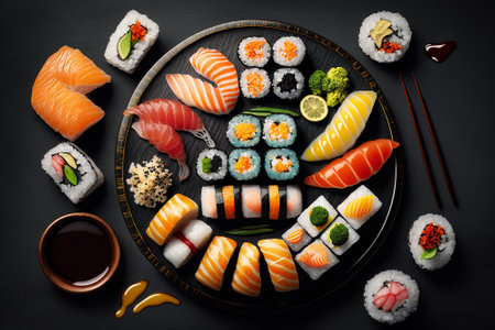 Top view of a delicious variety of sushi rolls, Japanese seafood on a dark table. Generative AIの素材