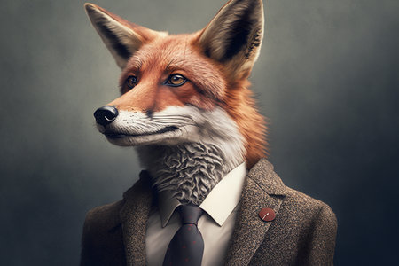 Portrait of a fox in a business suit, in the office. Metaphor, the boss or the employee is a fox. Generative AIの素材