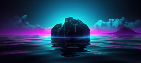 3d render, abstract neon background with rhombus geometric shape, square frame and extraterrestrial landscape under the night sky. Rocks and water reflection. Futuristic minimal wallpaper. Generative AIの素材