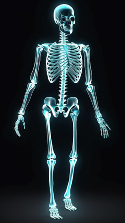 Complete human skeleton x-ray, front view, complete black x-ray with luminescent bones. Generative AIの素材