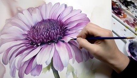 Hand paints a flower with watercolor paints. Generative AIの素材