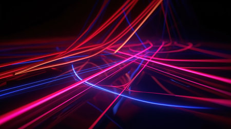 3d rendering. Abstract futuristic neon background. Red blue lines, glowing in the dark. Ultraviolet spectrum. cyberspace. Minimalist wallpaper. Generative AIの素材