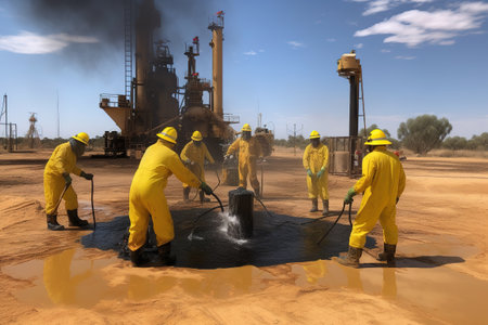 A black fountain of oil shoots out of the desert floor at high pressure, workers in yellow helmets stand around it. Generative AIの素材