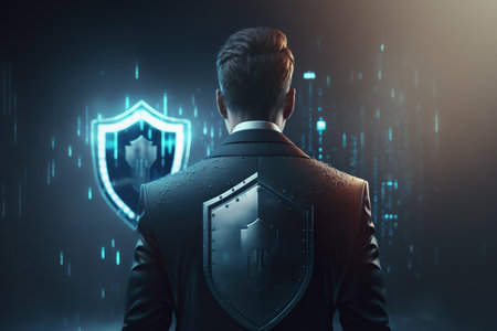 Cyber security concept with businessman protect data and privacy and data protection. Generative AIの素材