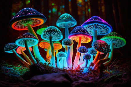 Multi-colored mushrooms in bright neon colors in the forest. Magic