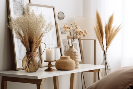 Stylish and modern living room interior in boho style with mockup photo frames, flowers in a vase, wooden table, beige macrame and elegant accessories. Designer home decor. Bohemian concept. Generative AIの素材