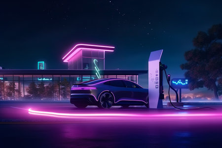An eco-friendly electric car charging at a city gas station, featuring an industrial landscape, neon elements, and promoting a healthy environment with zero harmful emissions. Generative AIの素材