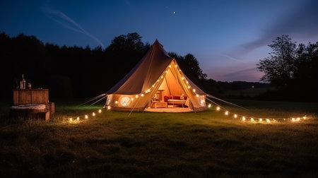 Glamping is luxurious glamorous camping. Glamping in a beautiful countryside at night. Generative AIの素材