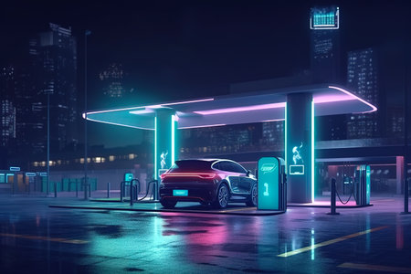 An eco-friendly electric car charging at a city gas station, featuring an industrial landscape, neon elements, and promoting a healthy environment with zero harmful emissions. Generative AIの素材