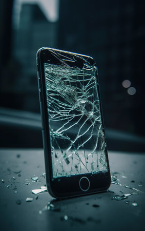 A smartphone, mobile phone with a cracked screen, psychological thriller feeling, cinematic lighting. Generative AIの素材