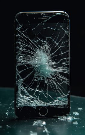A smartphone, mobile phone with a cracked screen, psychological thriller feeling, cinematic lighting. Generative AIの素材