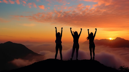 Silhouette of three girls with arms raised on top of a mountain above the clouds at sunset or sunrise. Generative AIの素材
