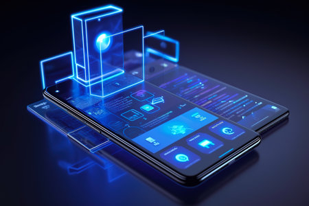 Smartphone screen with smart home technologies on a blue backdrop. Internet of things isometric conceptual image. Digital Residence utilizing a mobile phone's fingerprint to get access to IOT systems. Generative AIの素材