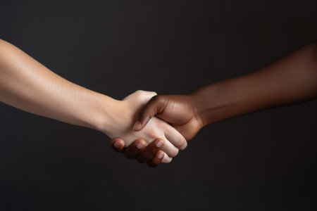 Two people, one African, one Caucasian, shaking hands. Generative AIの素材