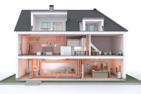 Cross-section of a house with a heat pump, pipes from the ground floor to the upper floor with underfloor heating, icons. Generative AIの素材