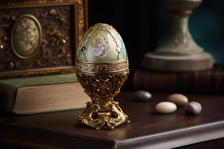 Richly decorated Faberge egg on a historical, rustic table. Generative AIの素材