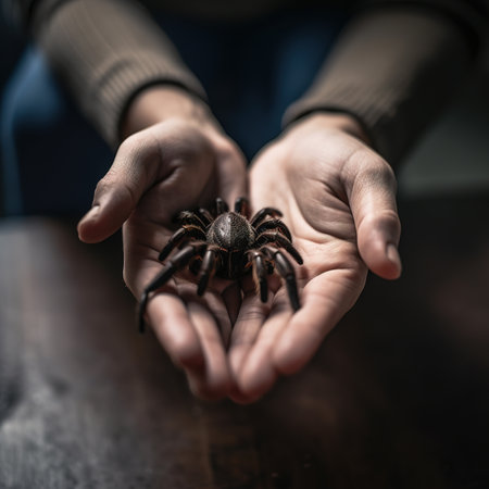 A person holding a tarantula in their outstretched hands. Generative AIの素材