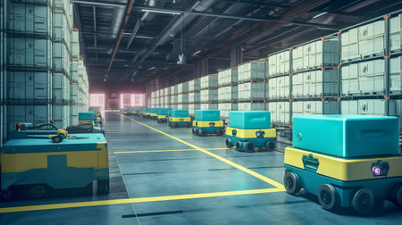 Concept of smart factory and 5G for industrial. Autonomous robotic transportation or automated guided vehicle systems (AGV) operating transfer box in automated warehouses. Generative AIの素材