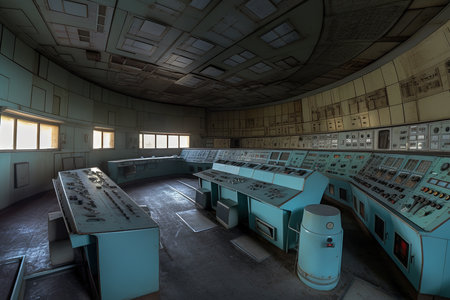 Illustration of a control room of an old decommissioned nuclear power plant. Generative AIの素材