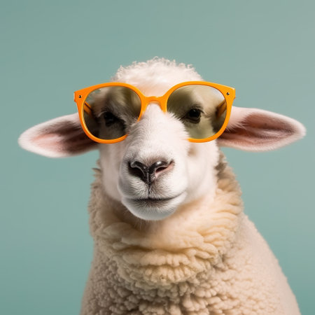 Cute little funny sheep wearing sunglasses in front of studio background. Generative AIの素材
